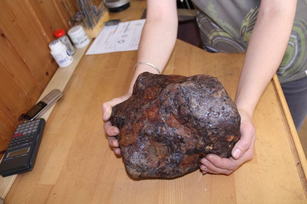 Wir halten einen immensen Brocken des Eisenmeteoriten Muonionalusta in den Händen. Eines unserer besten Stücke! Gefunden in Schweden.